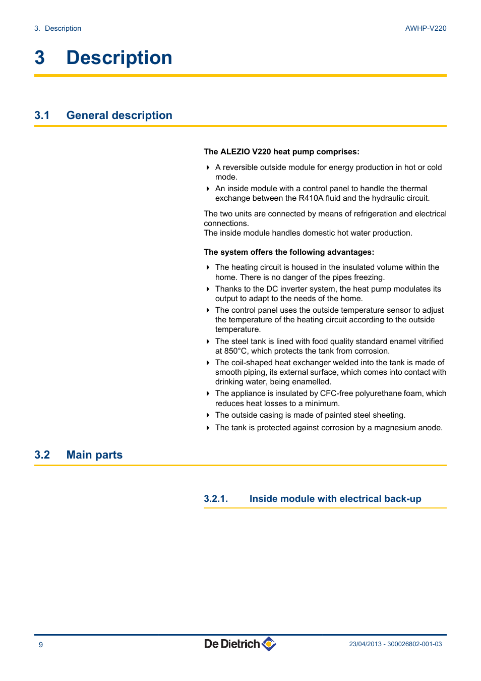 Description, General description, Main parts | Inside module with electrical back-up, 3 description, 1 general description, 2 main parts | DE DIETRICH ALEZIO AWHP-V220 User Manual | Page 10 / 36