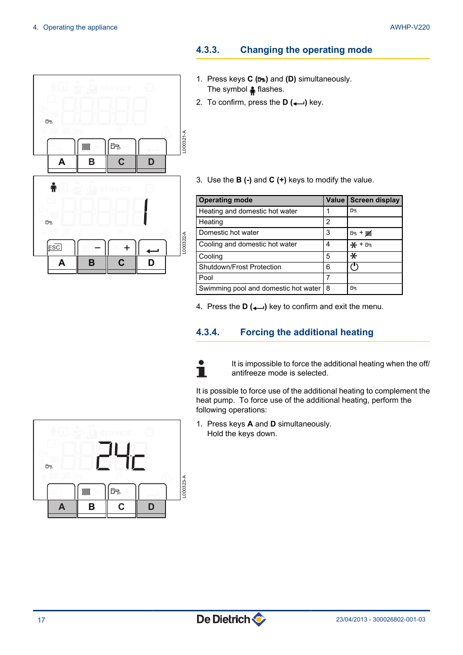 Changing the operating mode, Forcing the additional heating, Ab c d | Ac d | DE DIETRICH ALEZIO AWHP-V220 User Manual | Page 18 / 36