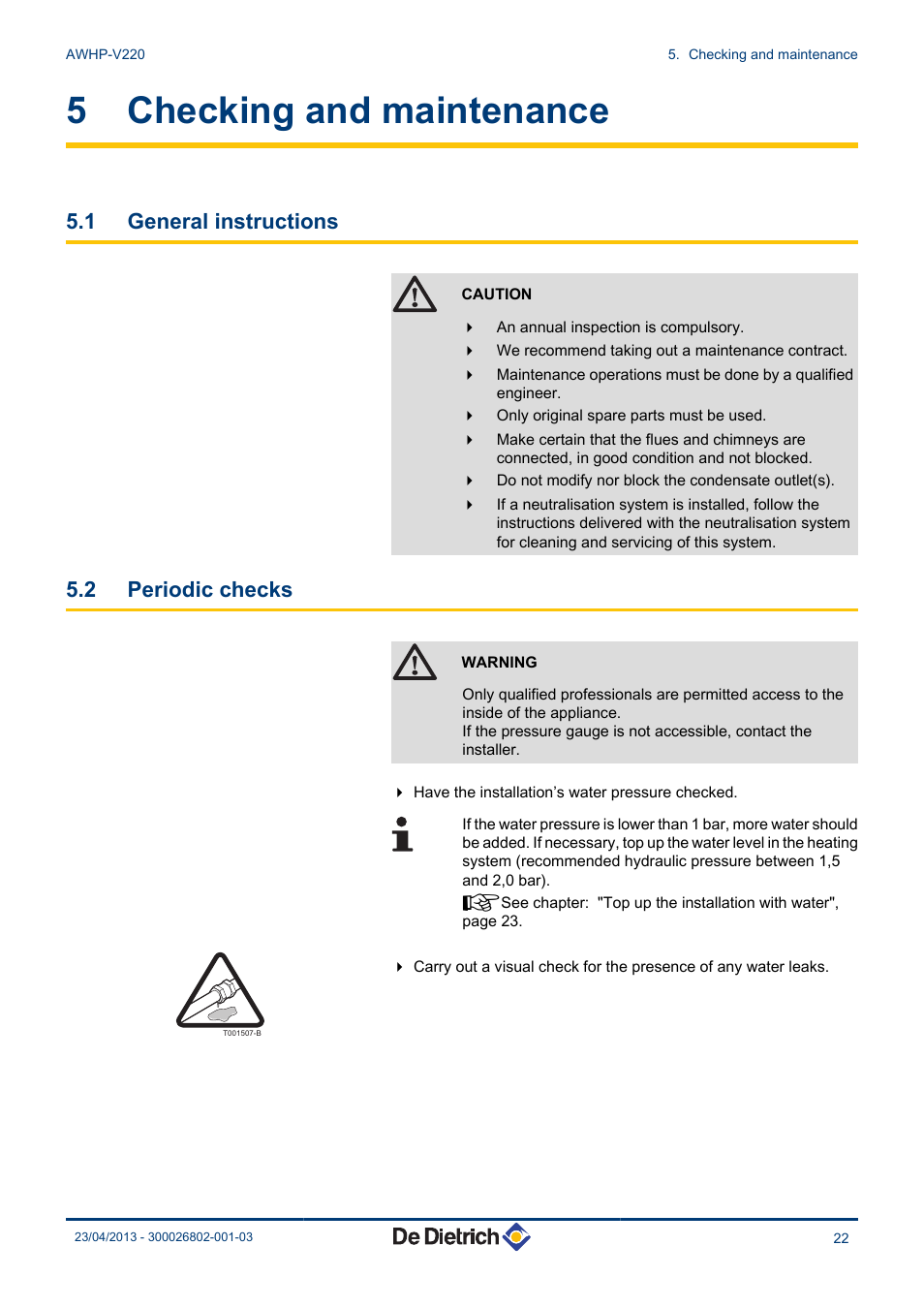 Checking and maintenance, General instructions, Periodic checks | 5 checking and maintenance, 1 general instructions, 2 periodic checks | DE DIETRICH ALEZIO AWHP-V220 User Manual | Page 23 / 36