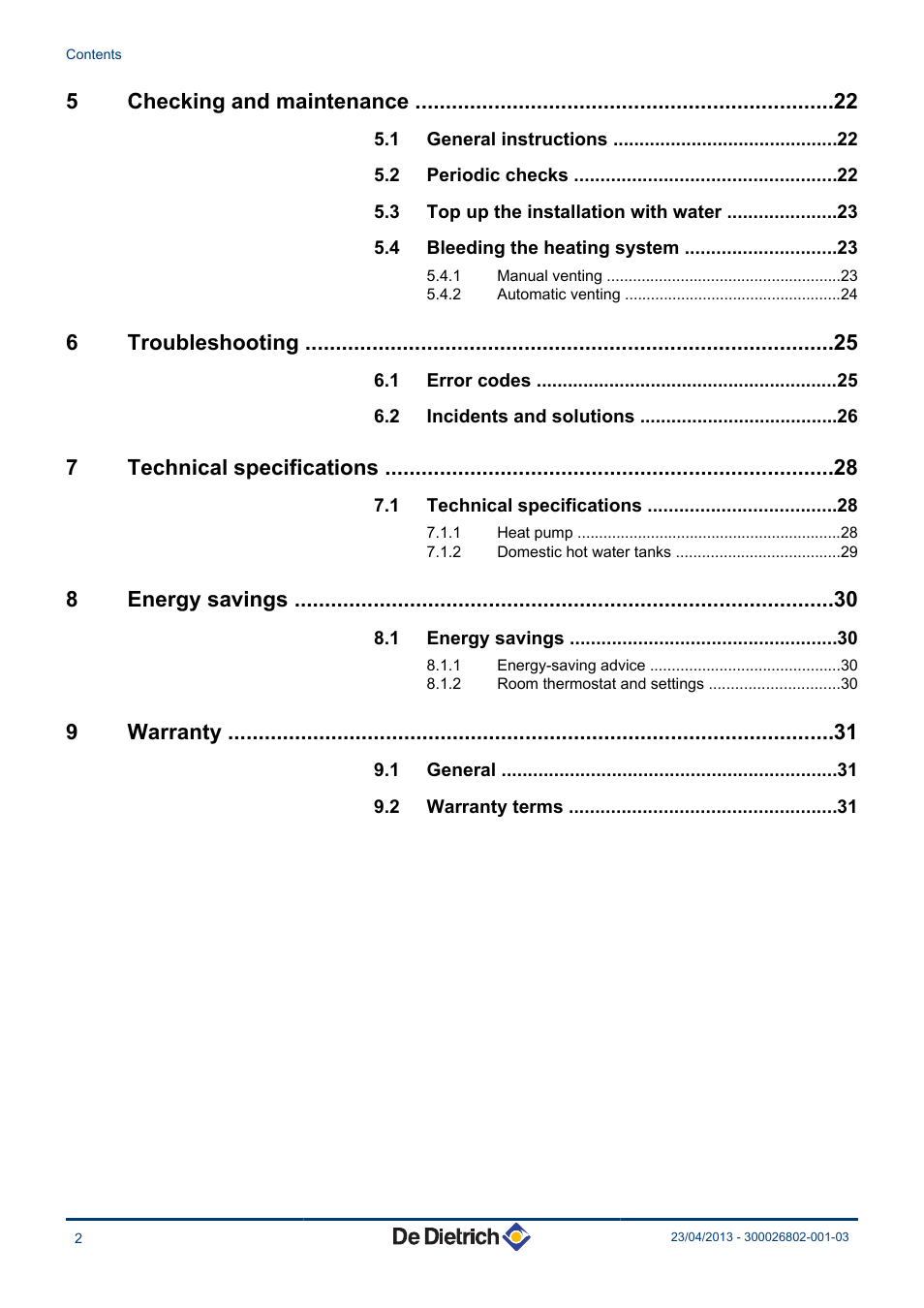 5checking and maintenance, 6troubleshooting, 7technical specifications | 8energy savings, 9warranty | DE DIETRICH ALEZIO AWHP-V220 User Manual | Page 3 / 36