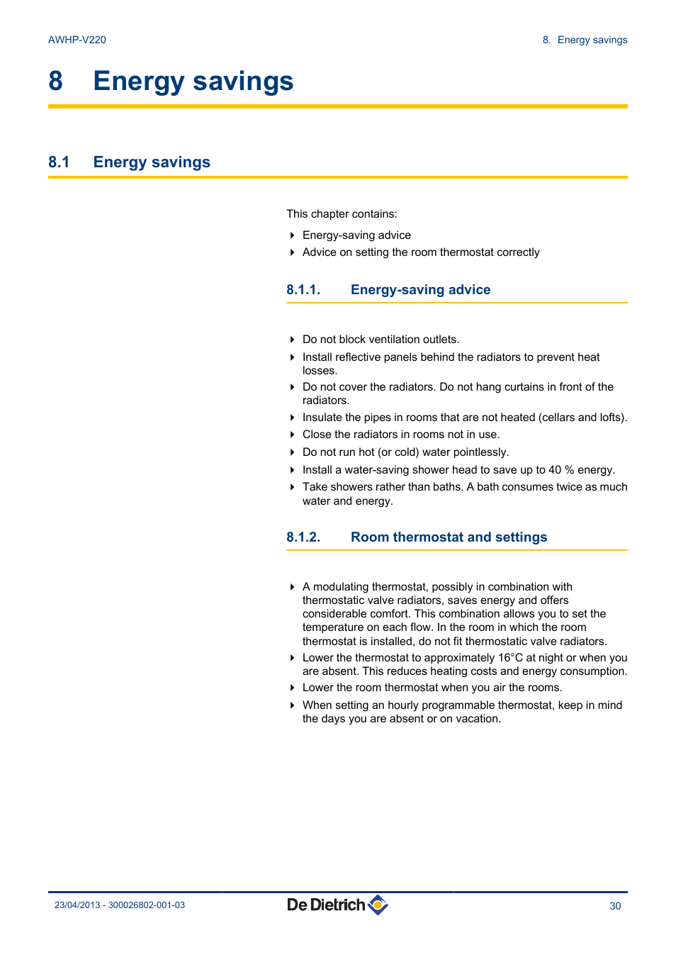 Energy savings, Energy-saving advice, Room thermostat and settings | 8 energy savings, 1 energy savings | DE DIETRICH ALEZIO AWHP-V220 User Manual | Page 31 / 36