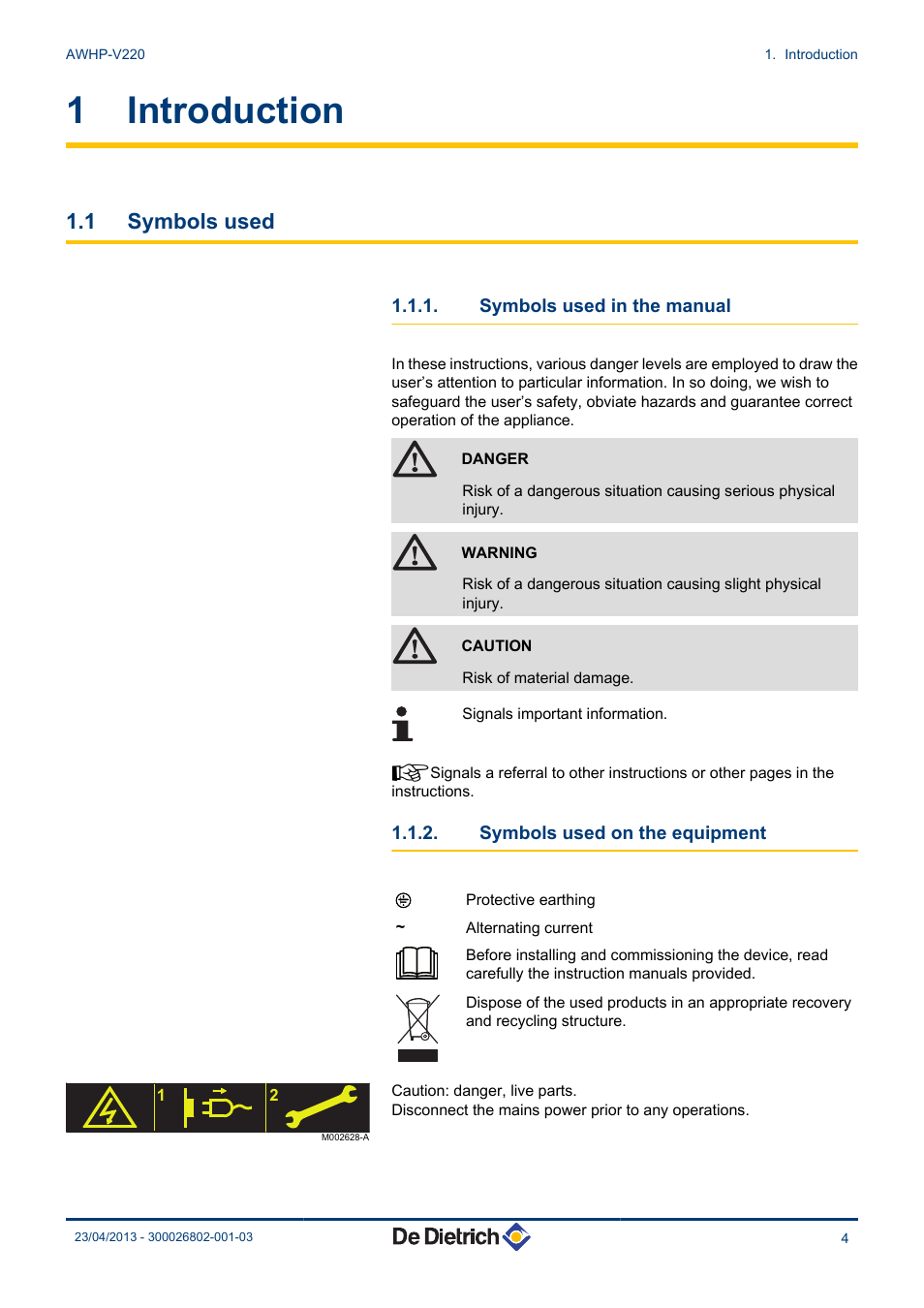 Introduction, Symbols used, Symbols used in the manual | Symbols used on the equipment, 1 introduction, 1 symbols used | DE DIETRICH ALEZIO AWHP-V220 User Manual | Page 5 / 36