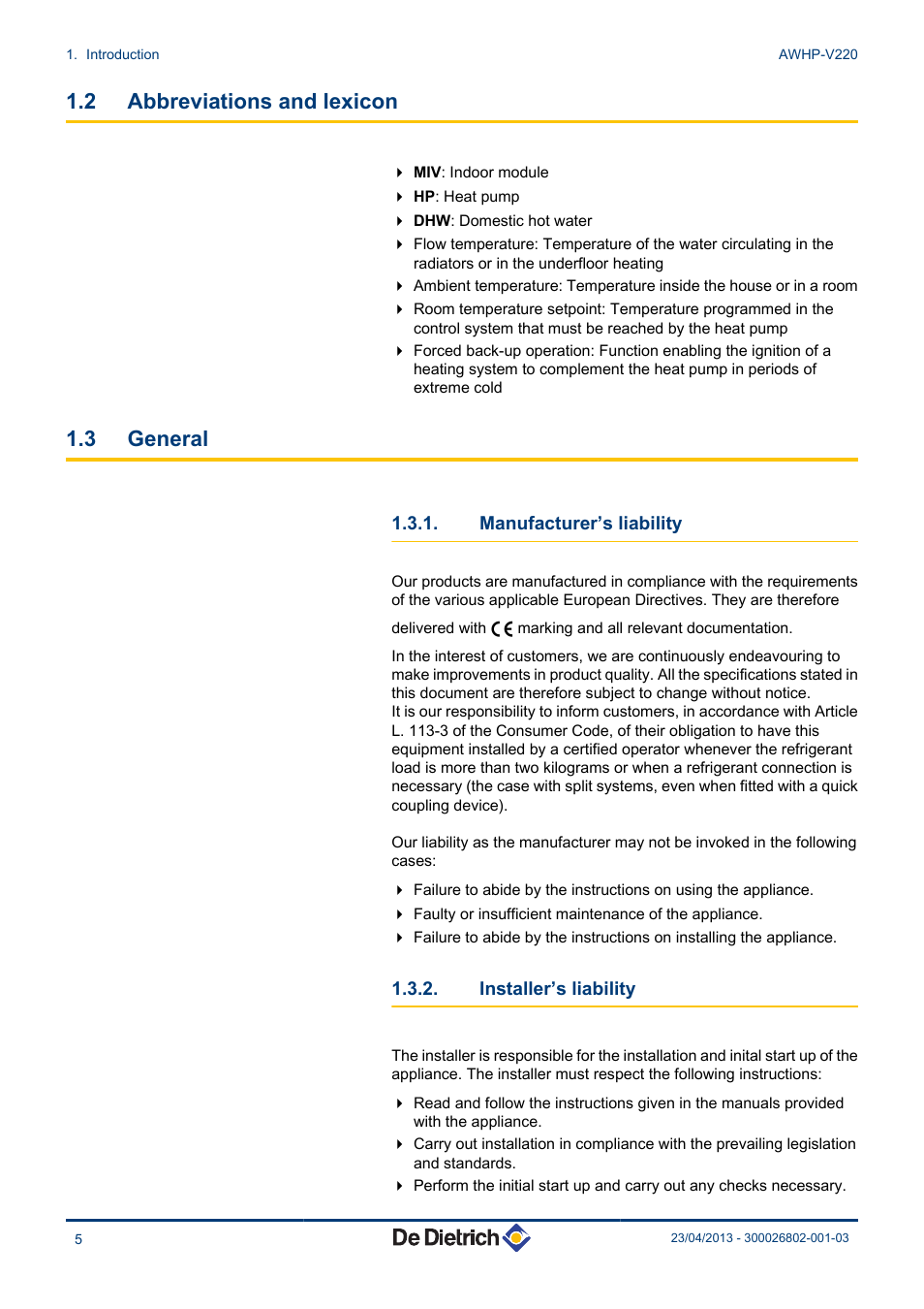 Abbreviations and lexicon, General, Manufacturer’s liability | Installer’s liability, 2 abbreviations and lexicon, 3 general | DE DIETRICH ALEZIO AWHP-V220 User Manual | Page 6 / 36