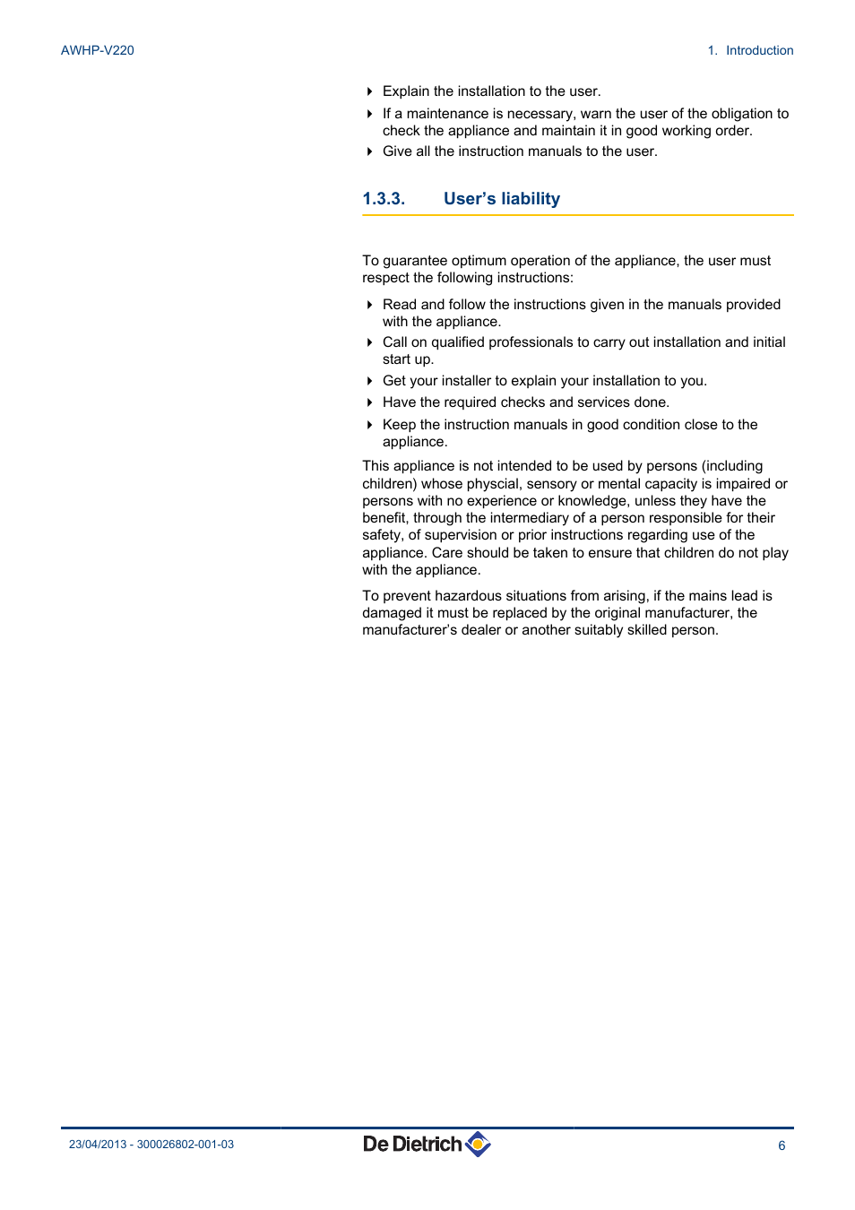 User’s liability | DE DIETRICH ALEZIO AWHP-V220 User Manual | Page 7 / 36