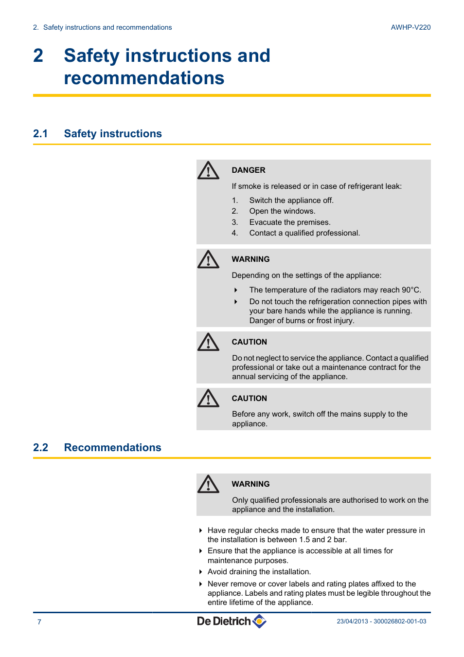 Safety instructions and recommendations, Safety instructions, Recommendations | 2 safety instructions and recommendations, 1 safety instructions, 2 recommendations | DE DIETRICH ALEZIO AWHP-V220 User Manual | Page 8 / 36