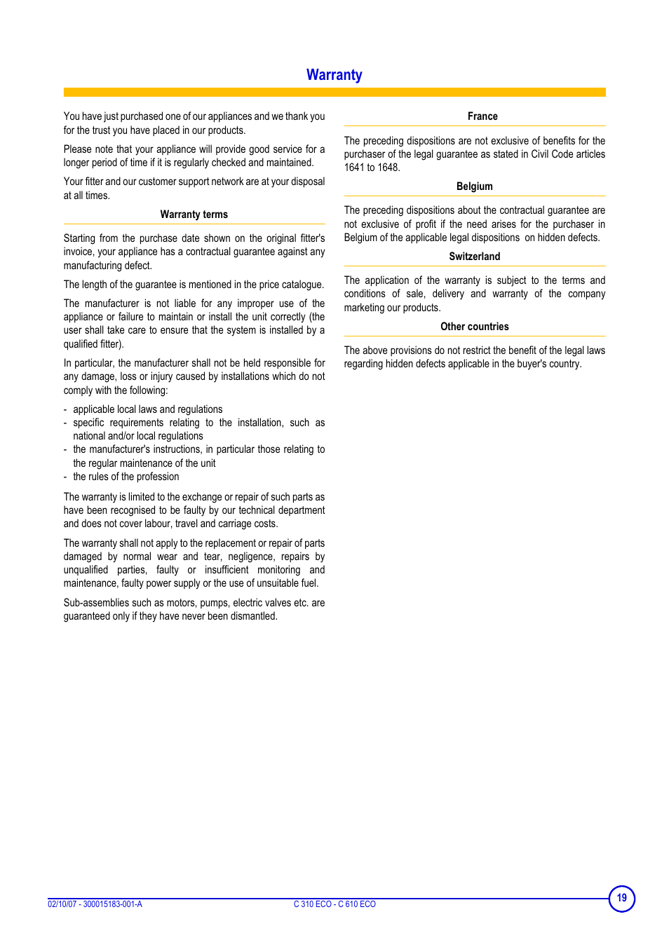 Warranty | DE DIETRICH C 310 ECO - C 610 ECO User Manual | Page 19 / 20