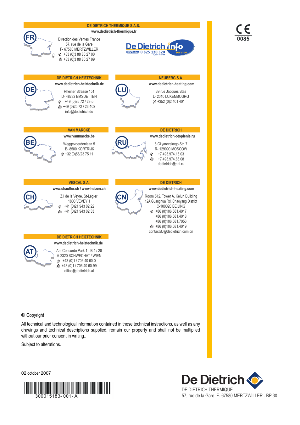 De be ch, Lu fr, At cn | DE DIETRICH C 310 ECO - C 610 ECO User Manual | Page 20 / 20