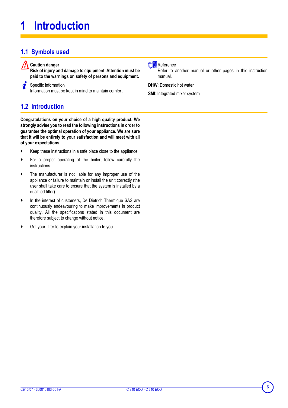 1 introduction, 1 symbols used, 2 introduction | DE DIETRICH C 310 ECO - C 610 ECO User Manual | Page 3 / 20