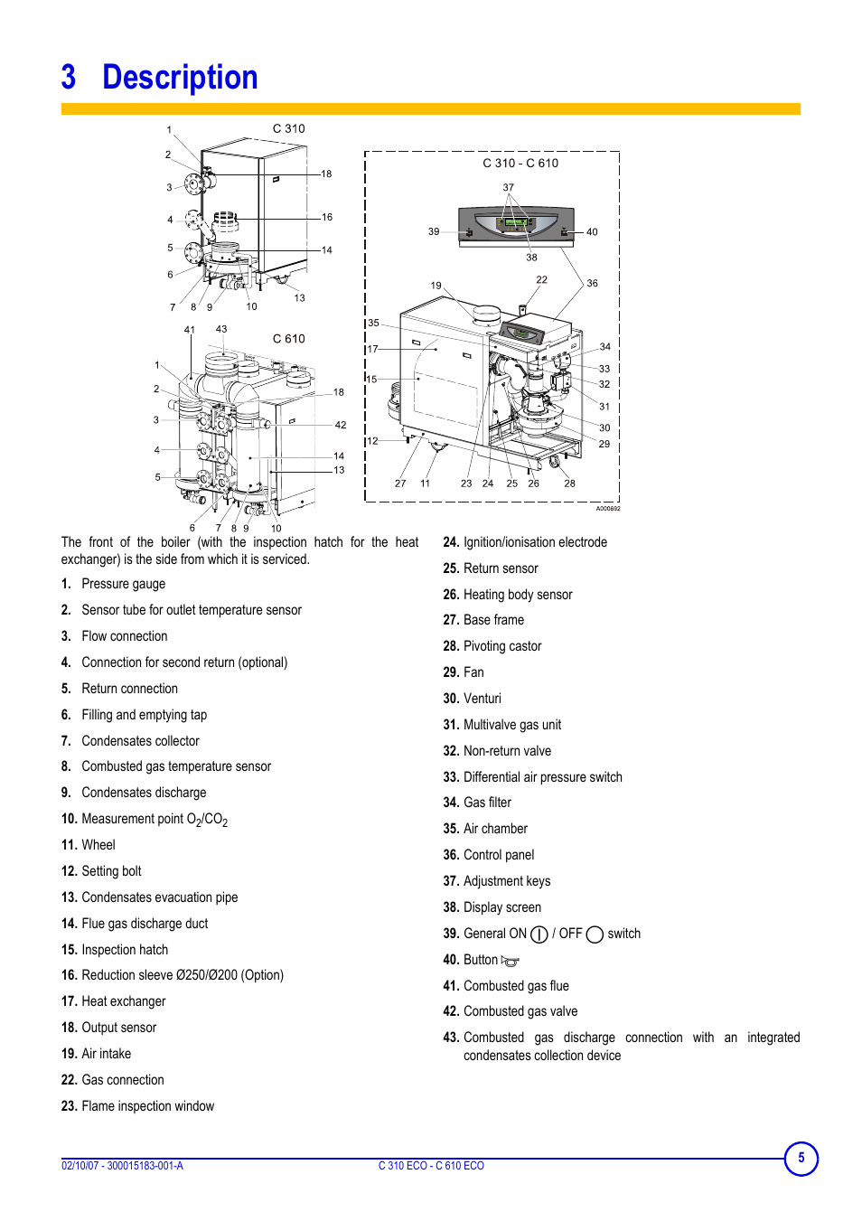 3 description, Sensor tube for outlet temperature sensor, Flow connection | Connection for second return (optional), Return connection, Filling and emptying tap, Condensates collector, Combusted gas temperature sensor, Condensates discharge, Measurement point o2/co2 | DE DIETRICH C 310 ECO - C 610 ECO User Manual | Page 5 / 20