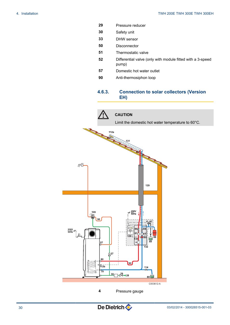 Connection to solar collectors (version eh) | DE DIETRICH KALIKO TWH 200E - TWH 300E - TWH 300EH User Manual | Page 32 / 72