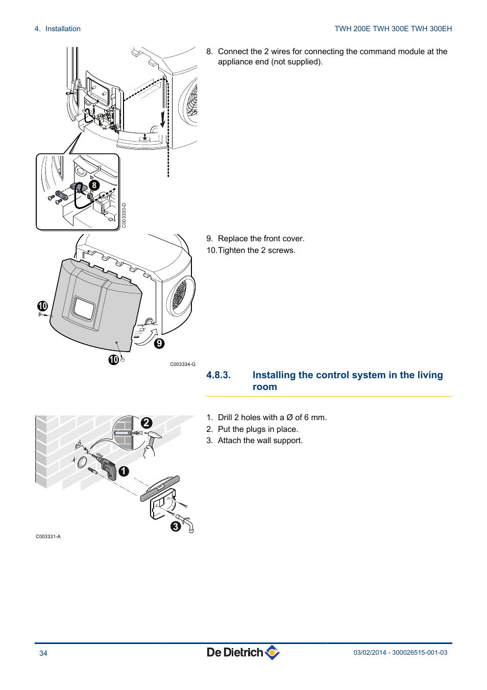 Installing the control system in the living, Room, Installing the control system in the living room | DE DIETRICH KALIKO TWH 200E - TWH 300E - TWH 300EH User Manual | Page 36 / 72