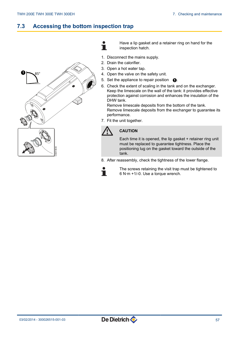 Accessing the bottom inspection trap, 3 accessing the bottom inspection trap | DE DIETRICH KALIKO TWH 200E - TWH 300E - TWH 300EH User Manual | Page 59 / 72