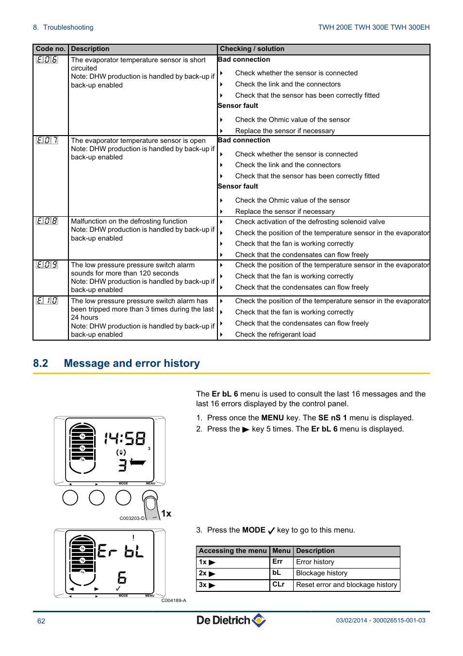 Message and error history, 2 message and error history | DE DIETRICH KALIKO TWH 200E - TWH 300E - TWH 300EH User Manual | Page 64 / 72