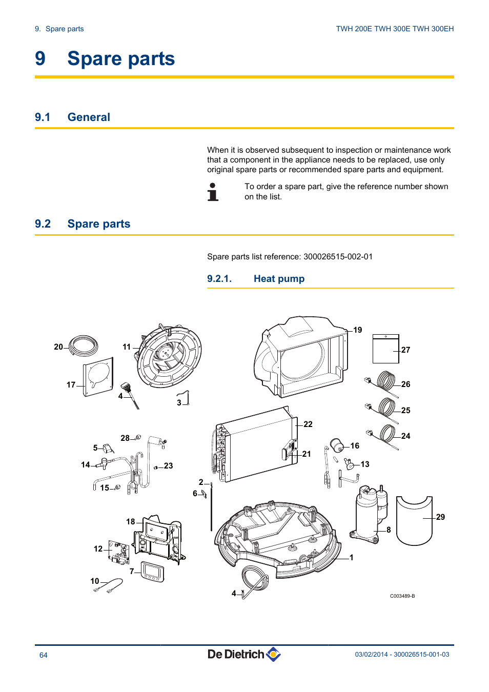 Spare parts, General, Heat pump | 9 spare parts, 1 general, 2 spare parts | DE DIETRICH KALIKO TWH 200E - TWH 300E - TWH 300EH User Manual | Page 66 / 72