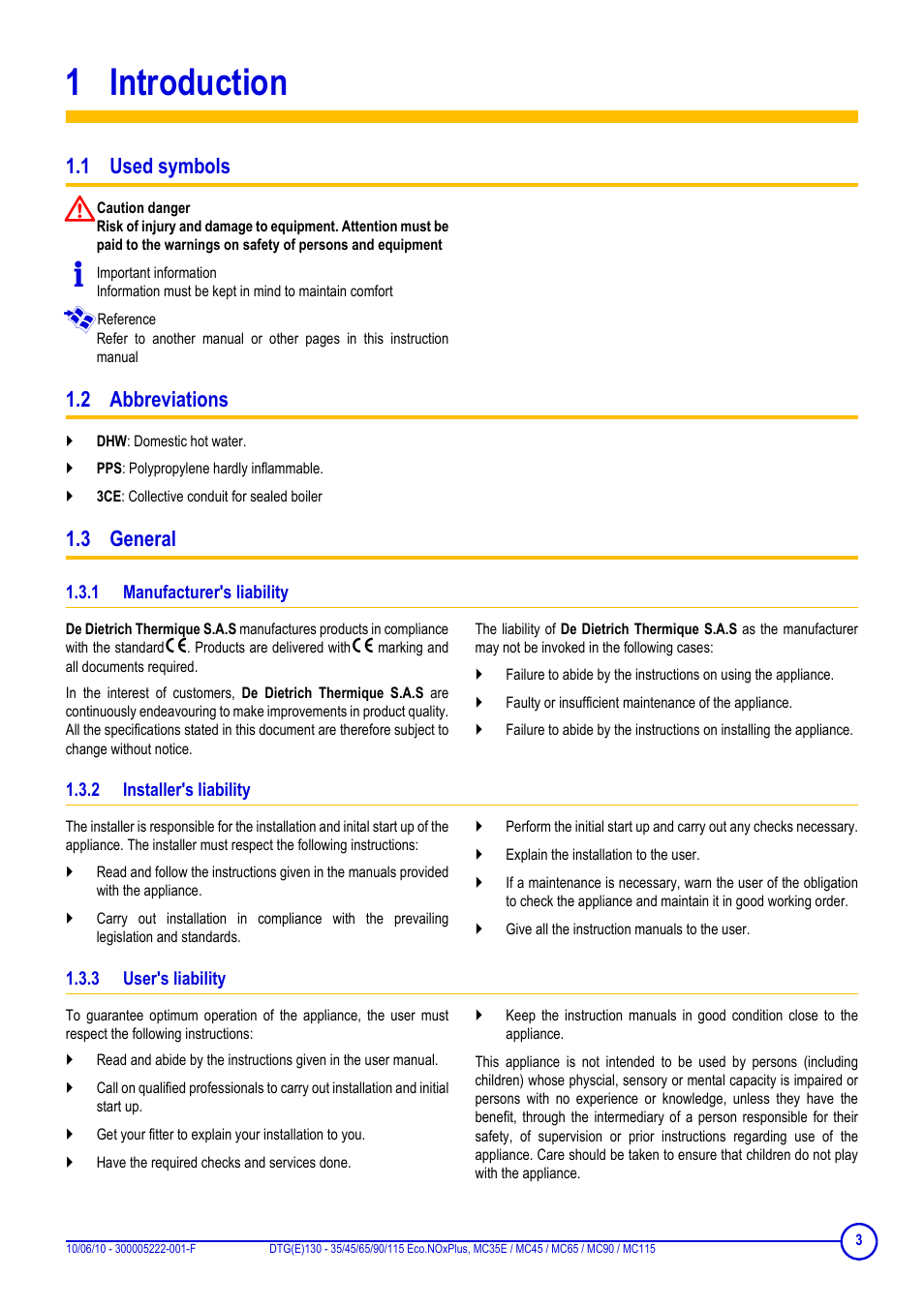 1 introduction, 1 used symbols, 2 abbreviations | 3 general, 1 manufacturer's liability, 2 installer's liability, 3 user's liability, Introduction, 1 used symbols 1.2 abbreviations 1.3 general, Manufacturer's liability | DE DIETRICH DTG(E)130 - 35_45_65_90_115 Eco.NOxPlus User Manual | Page 3 / 16