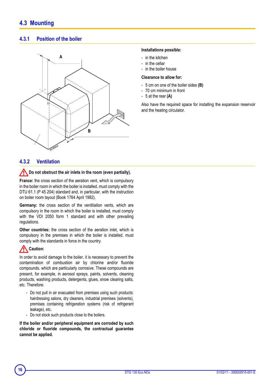 3 mounting, 1 position of the boiler, 2 ventilation | DE DIETRICH ELITEC DTG 130 Eco.Nox User Manual | Page 16 / 40