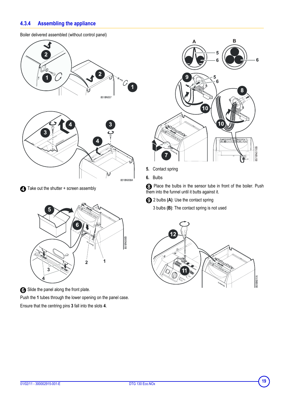 4 assembling the appliance, Contact spring, Bulbs | 9 2 bulbs (a): use the contact spring | DE DIETRICH ELITEC DTG 130 Eco.Nox User Manual | Page 19 / 40