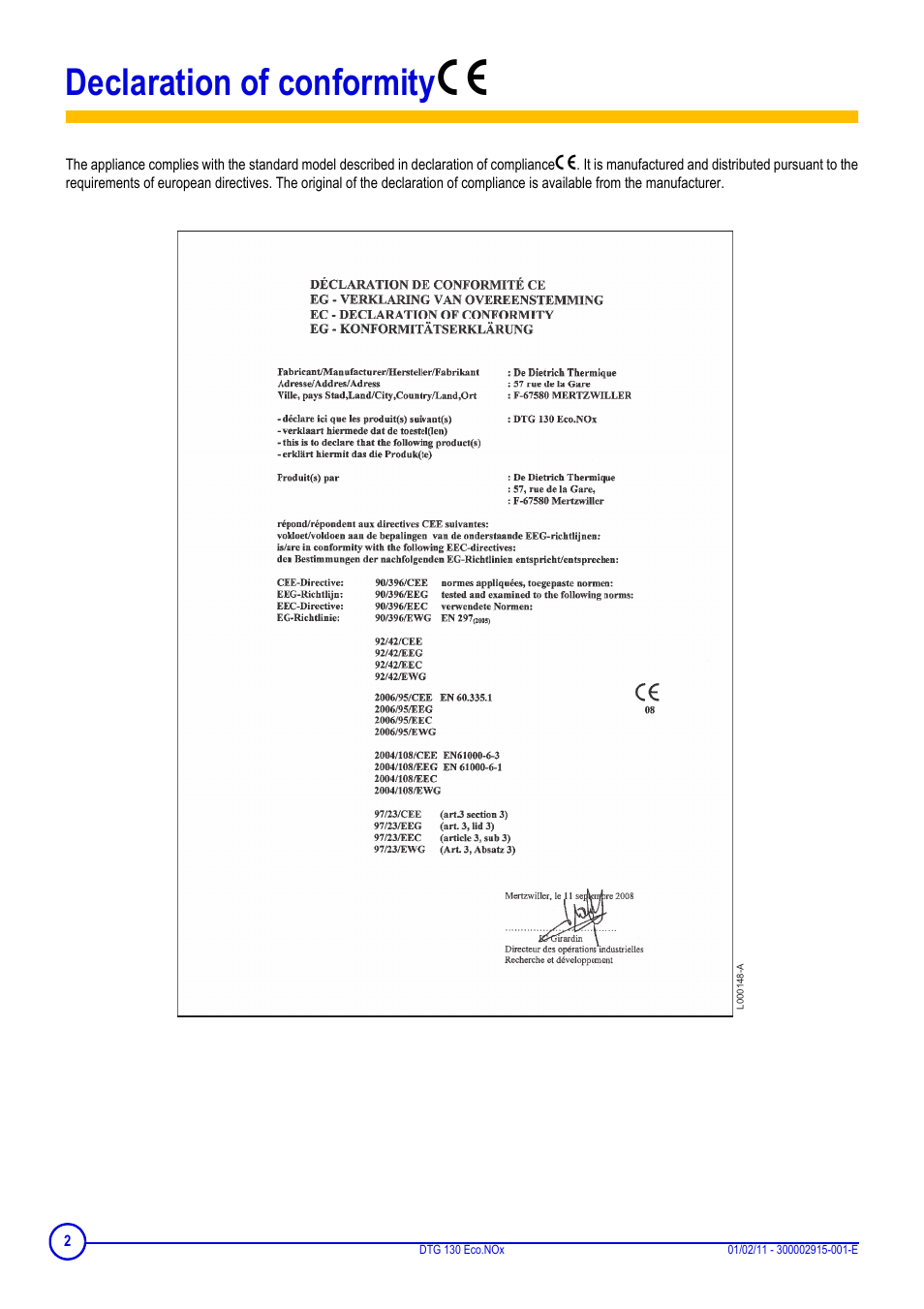 Declaration of conformity s, Declaration of conformity 1 | DE DIETRICH ELITEC DTG 130 Eco.Nox User Manual | Page 2 / 40