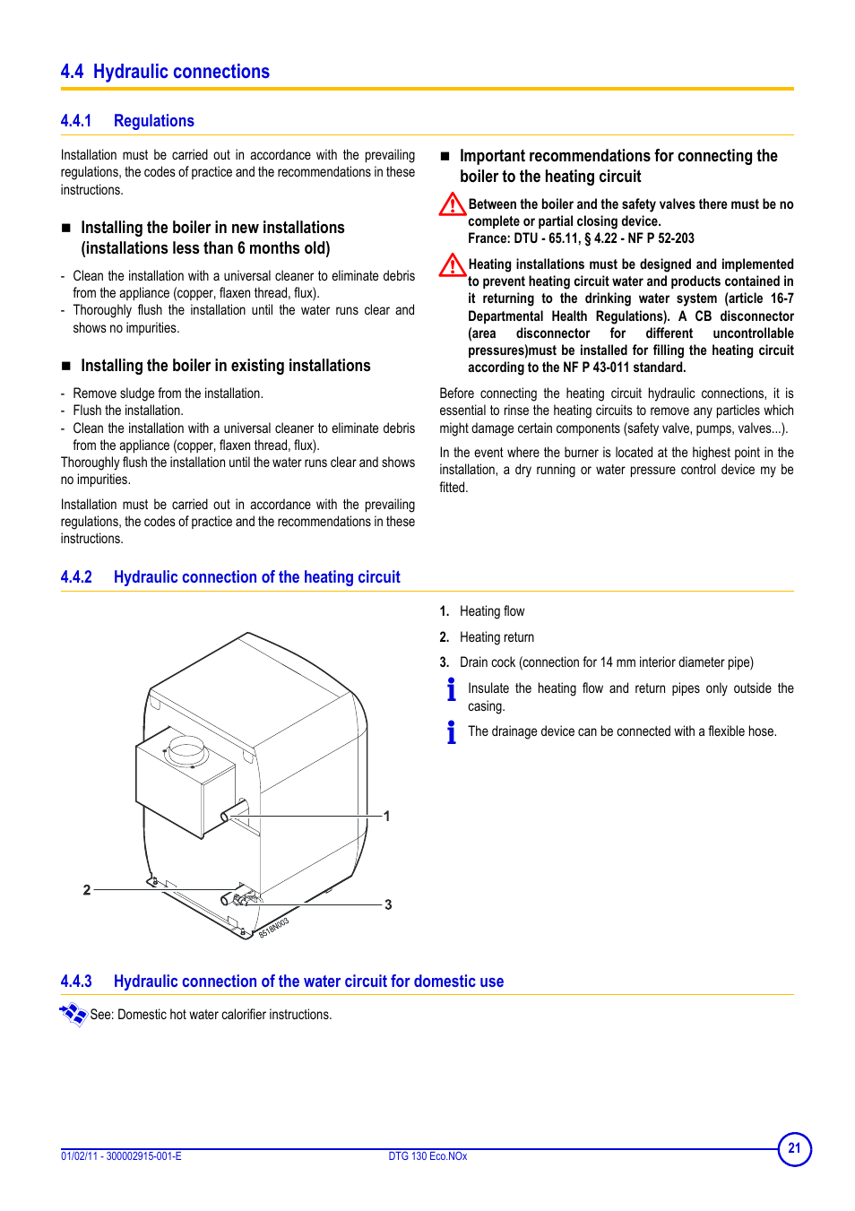 4 hydraulic connections, 1 regulations, Installing the boiler in existing installations | 2 hydraulic connection of the heating circuit, Heating flow, Heating return | DE DIETRICH ELITEC DTG 130 Eco.Nox User Manual | Page 21 / 40
