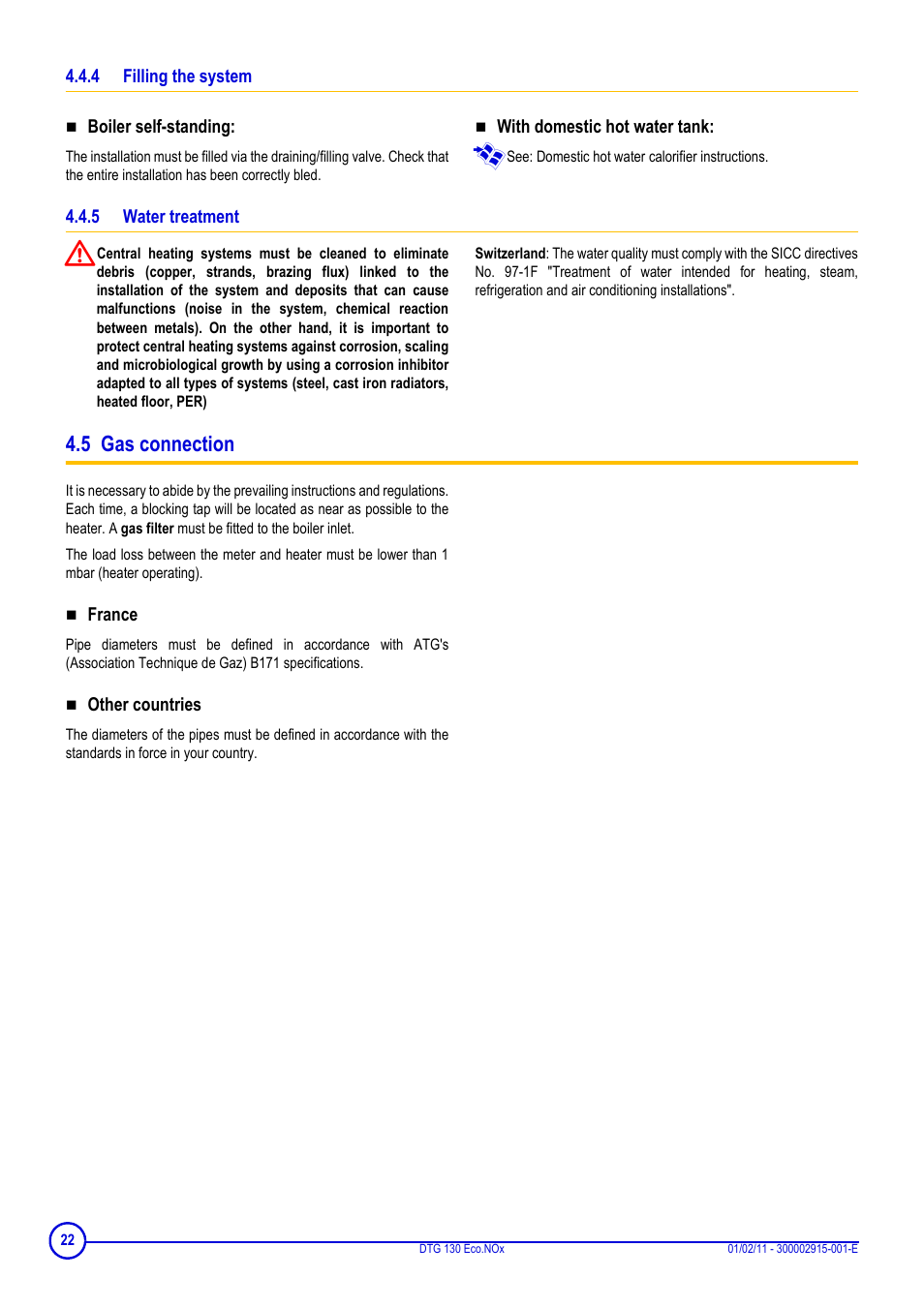 4 filling the system, Boiler self-standing, With domestic hot water tank | 5 water treatment, 5 gas connection, France, Other countries | DE DIETRICH ELITEC DTG 130 Eco.Nox User Manual | Page 22 / 40