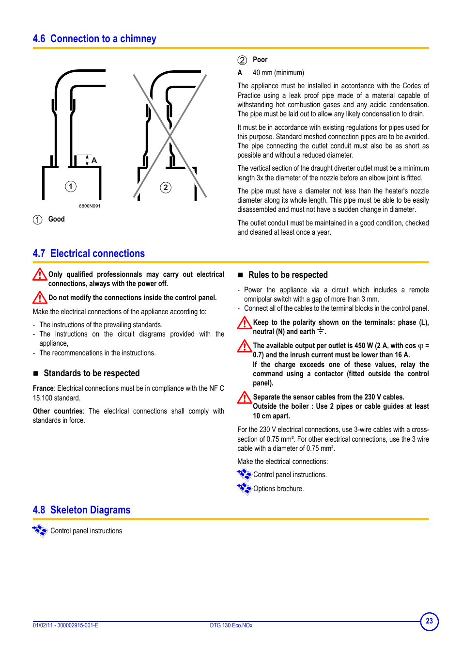 6 connection to a chimney, 7 electrical connections, Standards to be respected | Rules to be respected, 8 skeleton diagrams | DE DIETRICH ELITEC DTG 130 Eco.Nox User Manual | Page 23 / 40