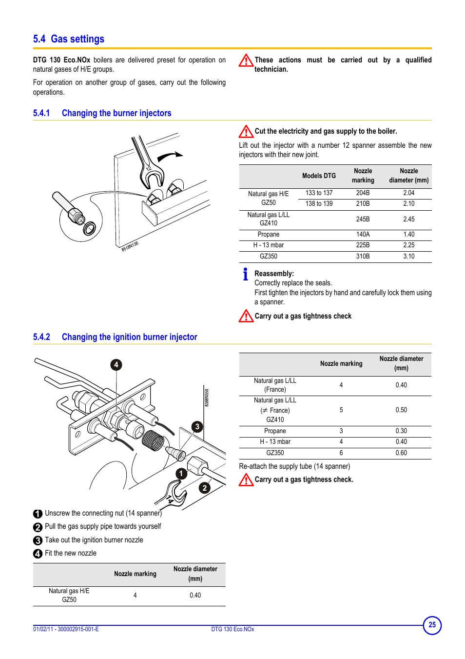 4 gas settings, 1 changing the burner injectors, 2 changing the ignition burner injector | DE DIETRICH ELITEC DTG 130 Eco.Nox User Manual | Page 25 / 40