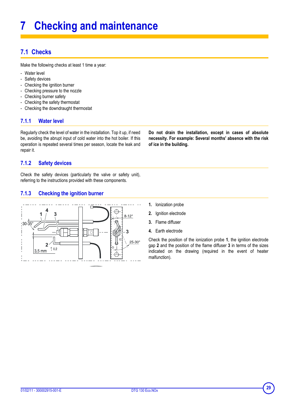 7 checking and maintenance, 1 checks, 1 water level | 2 safety devices, 3 checking the ignition burner, Ionization probe, Ignition electrode, Flame diffuser, Earth electrode | DE DIETRICH ELITEC DTG 130 Eco.Nox User Manual | Page 29 / 40