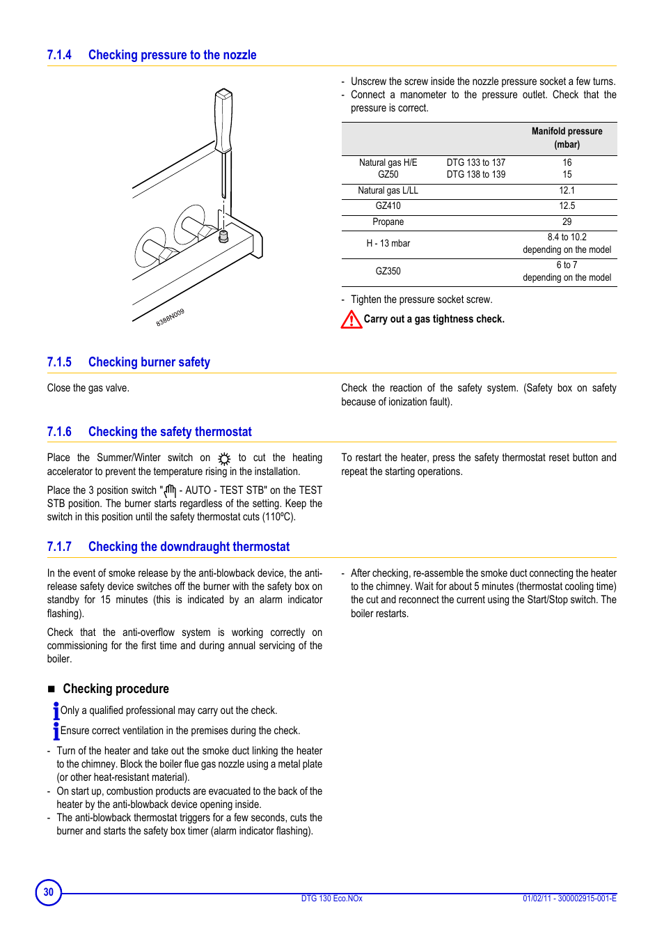 4 checking pressure to the nozzle, 5 checking burner safety, 6 checking the safety thermostat | 7 checking the downdraught thermostat, Checking procedure | DE DIETRICH ELITEC DTG 130 Eco.Nox User Manual | Page 30 / 40