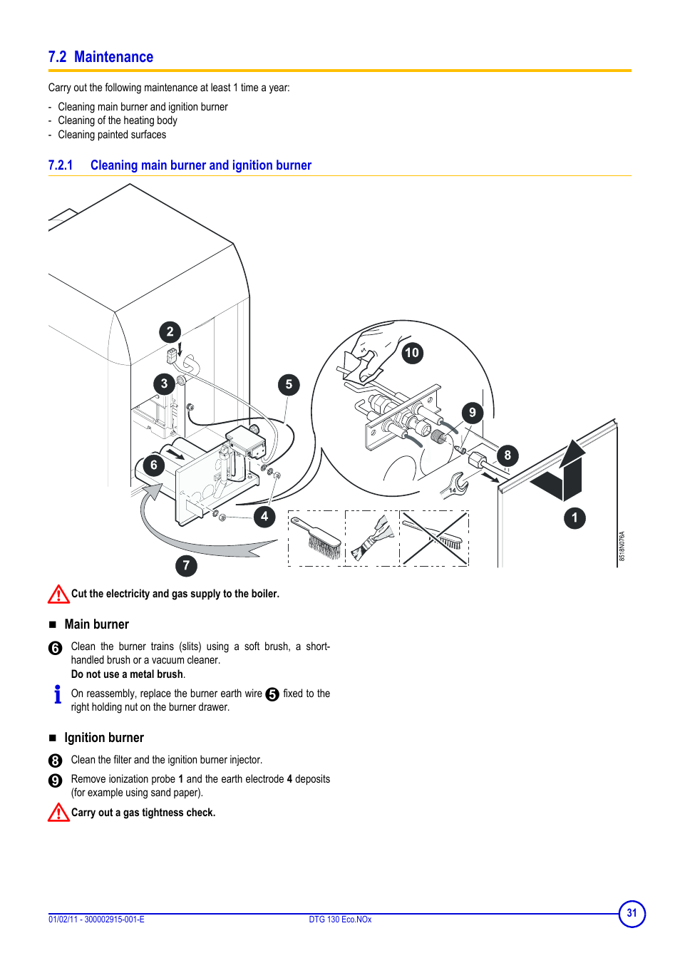 2 maintenance, 1 cleaning main burner and ignition burner, Main burner | Ignition burner | DE DIETRICH ELITEC DTG 130 Eco.Nox User Manual | Page 31 / 40