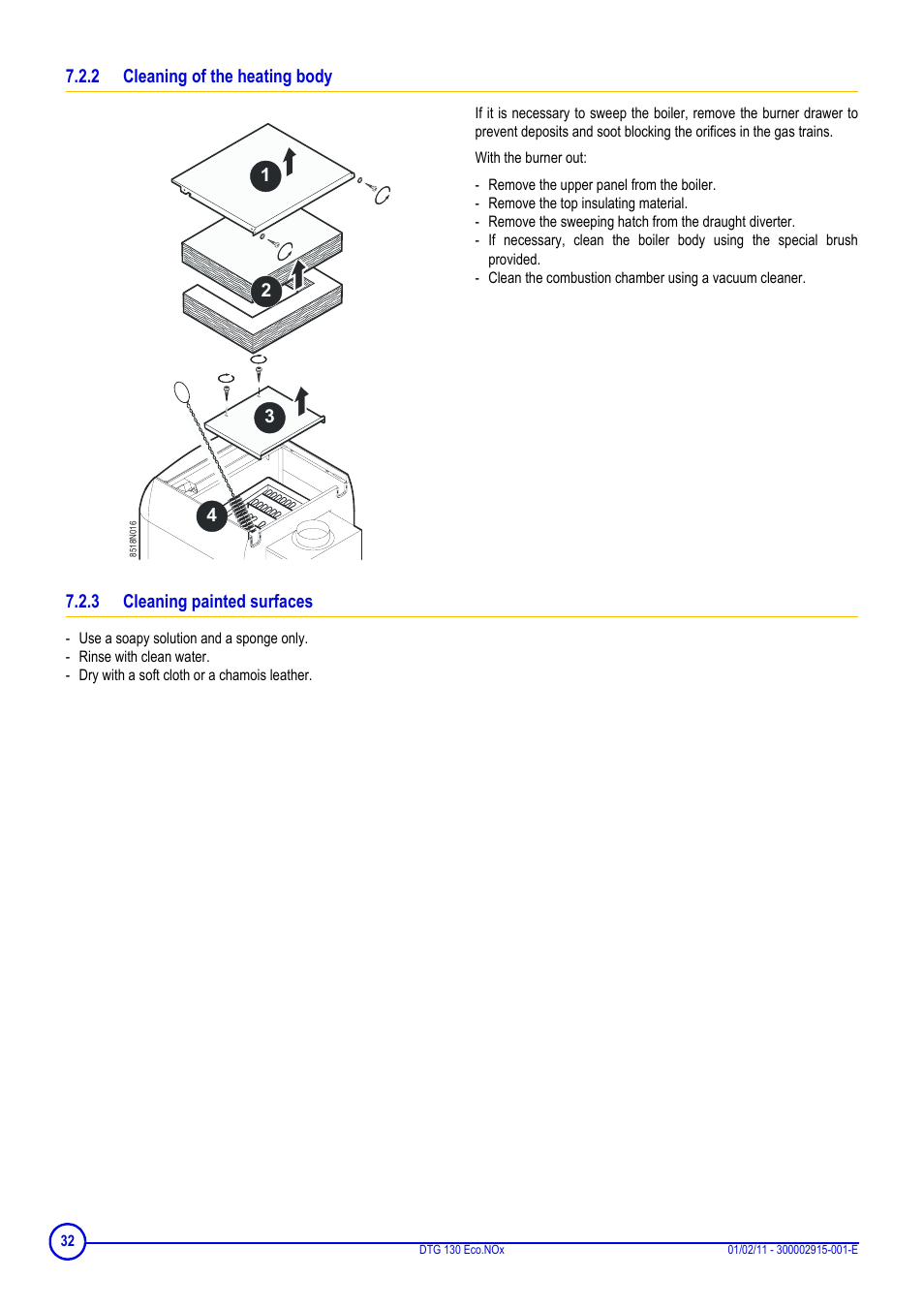2 cleaning of the heating body, 3 cleaning painted surfaces | DE DIETRICH ELITEC DTG 130 Eco.Nox User Manual | Page 32 / 40