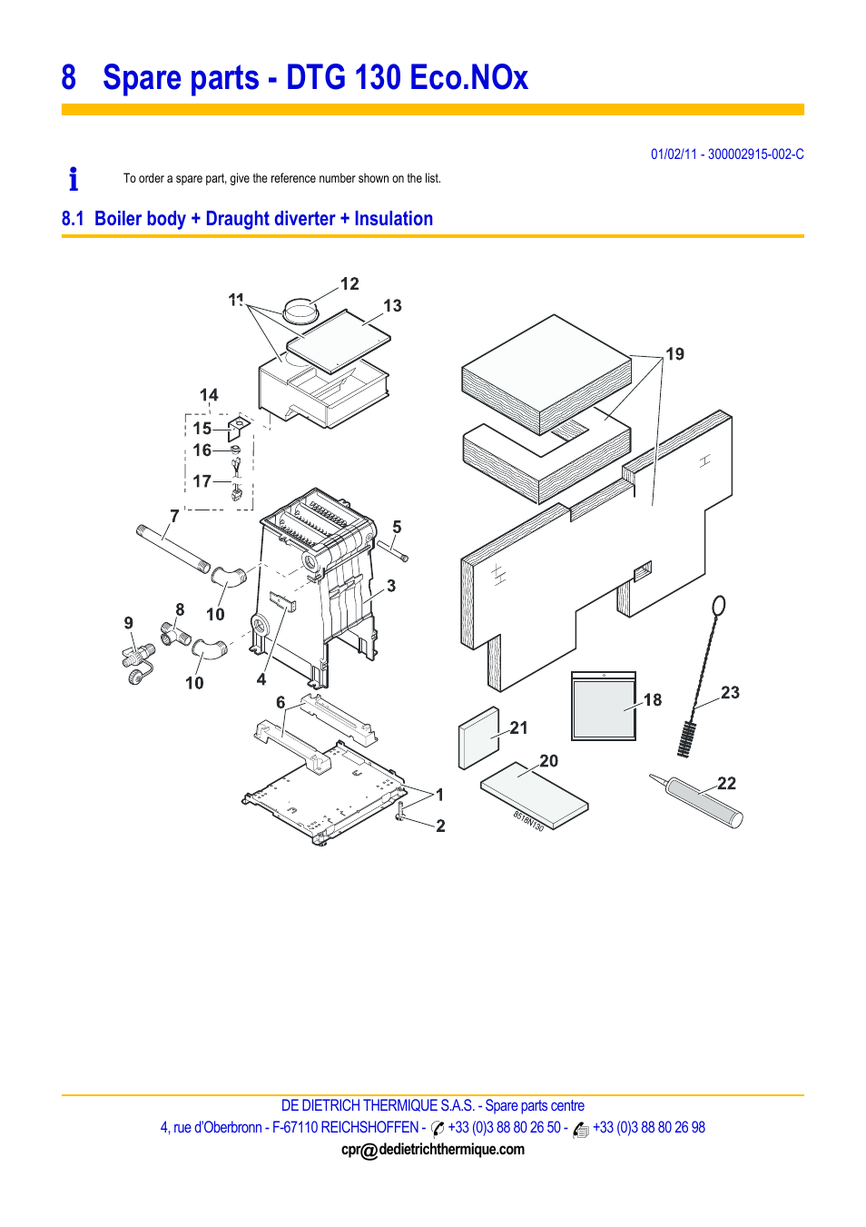 8 spare parts - dtg 130 eco.nox, 01/02/11 - 300002915-002-c, 1 boiler body + draught diverter + insulation | DE DIETRICH ELITEC DTG 130 Eco.Nox User Manual | Page 35 / 40