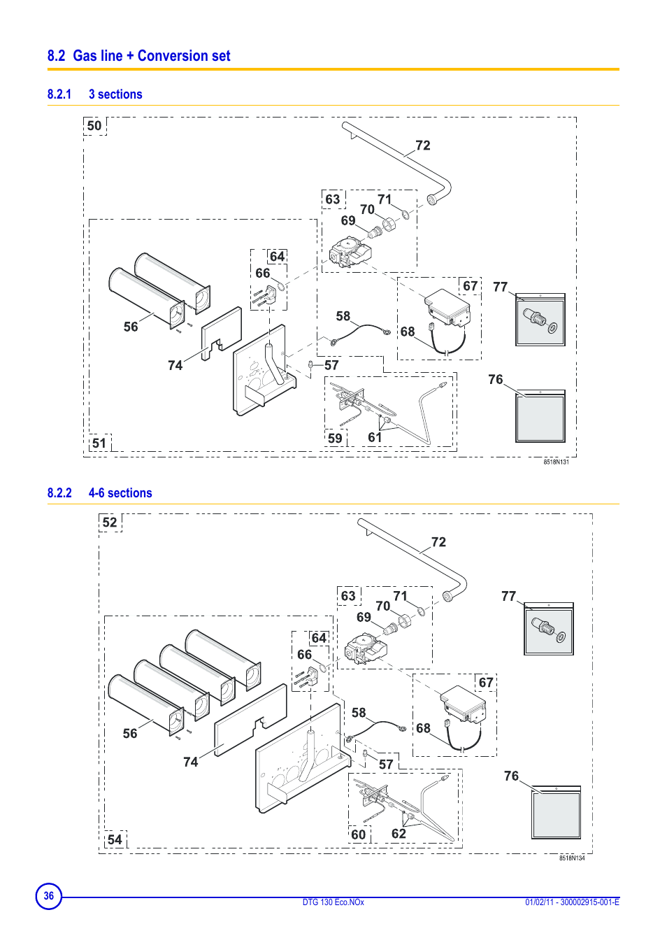 2 gas line + conversion set, 1 3 sections, 2 4-6 sections | DE DIETRICH ELITEC DTG 130 Eco.Nox User Manual | Page 36 / 40
