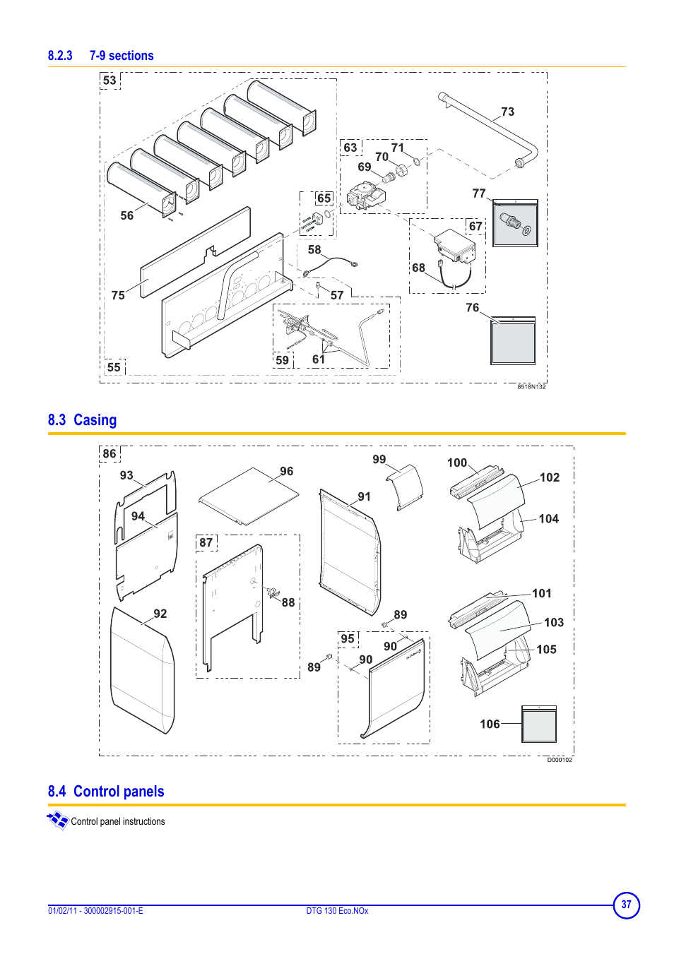 3 7-9 sections, 3 casing, 4 control panels | 3 casing 8.4 control panels | DE DIETRICH ELITEC DTG 130 Eco.Nox User Manual | Page 37 / 40