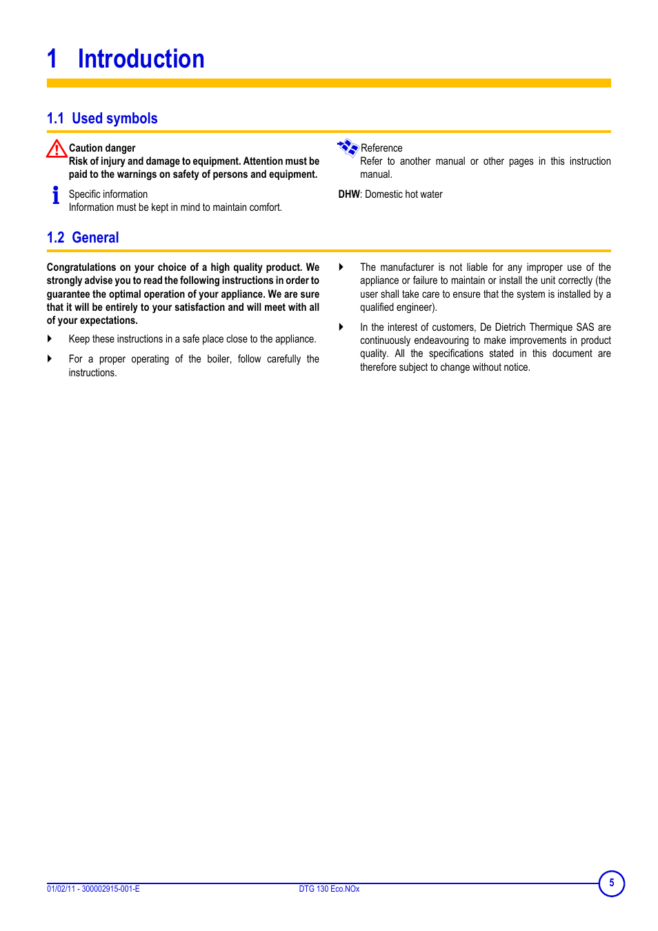 1 introduction, 1 used symbols, 2 general | DE DIETRICH ELITEC DTG 130 Eco.Nox User Manual | Page 5 / 40