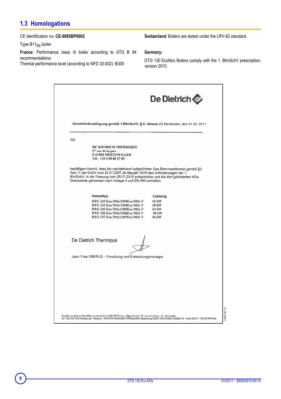 3 homologations | DE DIETRICH ELITEC DTG 130 Eco.Nox User Manual | Page 6 / 40