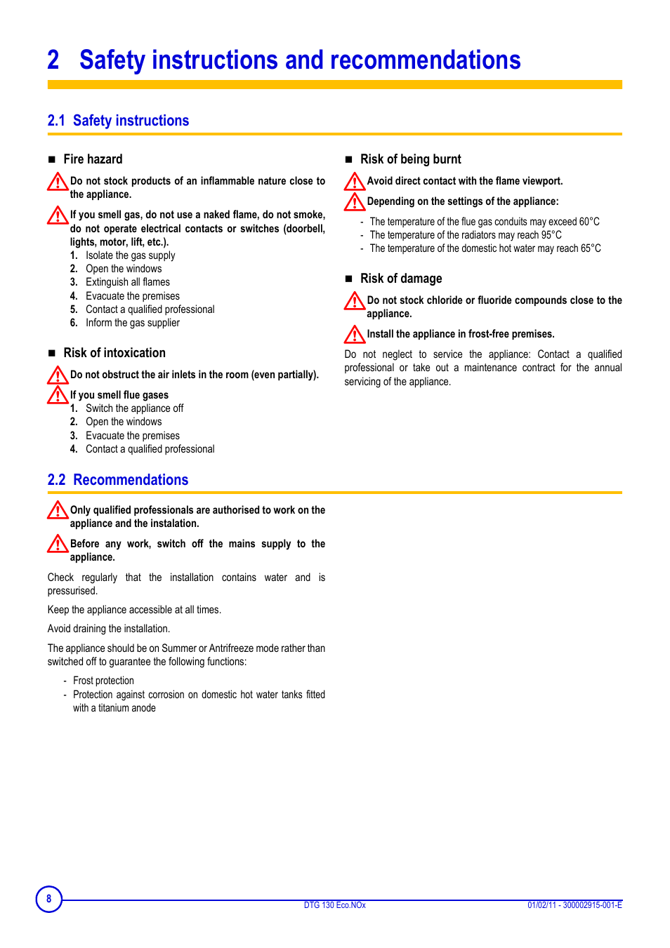 2 safety instructions and recommendations, 1 safety instructions, Fire hazard | Isolate the gas supply, Open the windows, Extinguish all flames, Evacuate the premises, Contact a qualified professional, Inform the gas supplier, Risk of intoxication | DE DIETRICH ELITEC DTG 130 Eco.Nox User Manual | Page 8 / 40