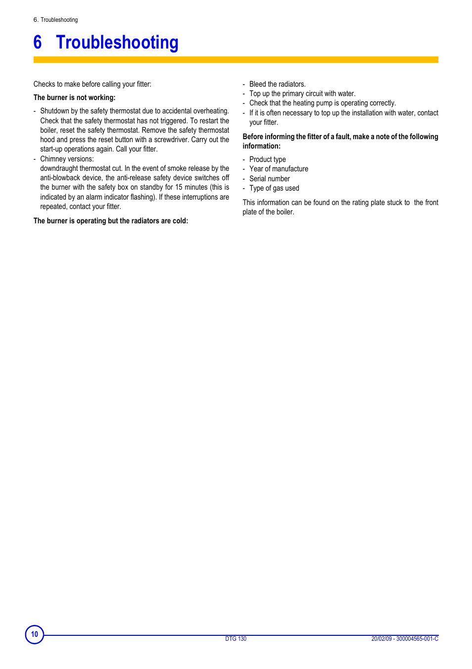 6 troubleshooting, Troubleshooting | DE DIETRICH ELITEC DTG 130 User Manual | Page 10 / 12