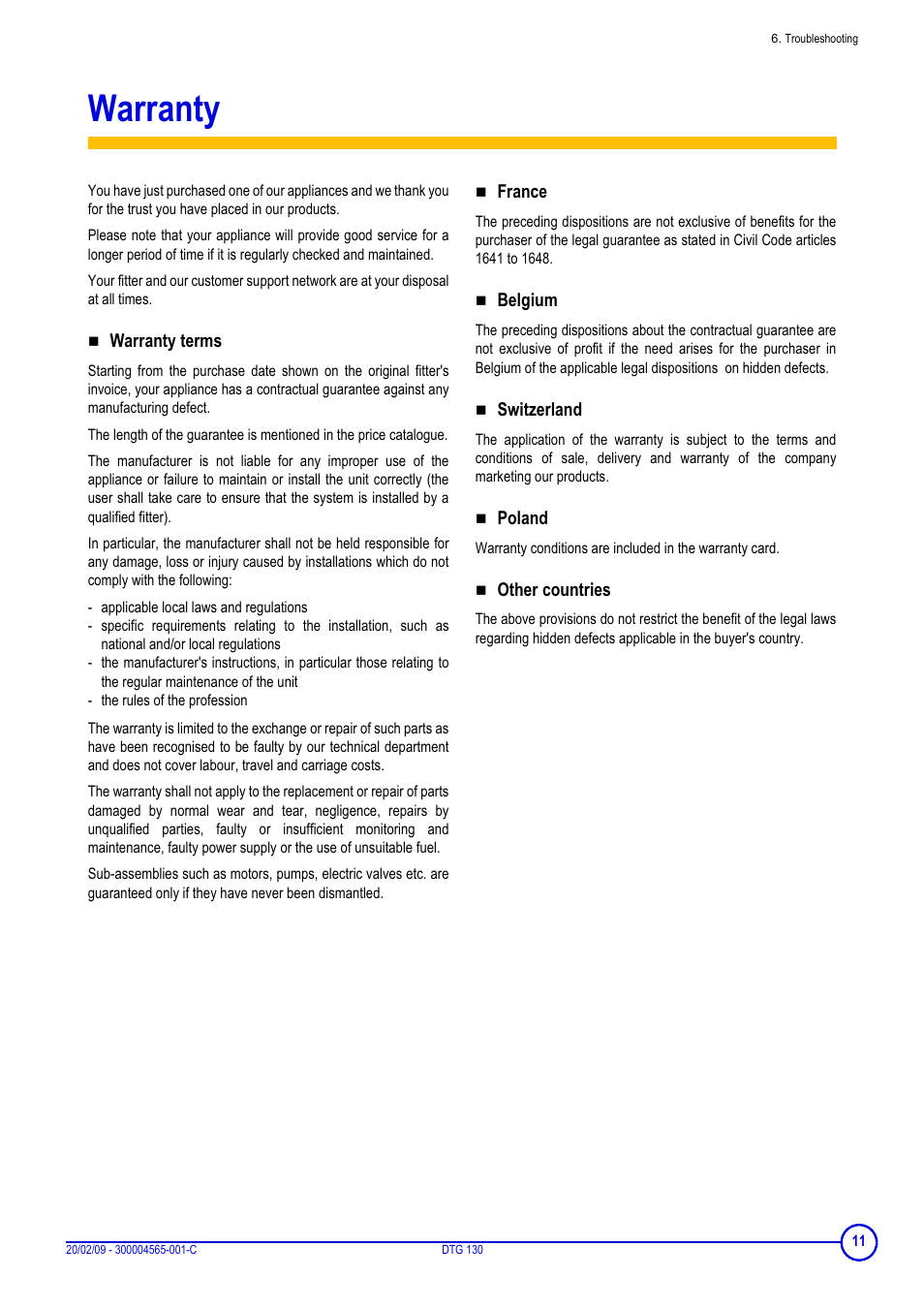 Warranty | DE DIETRICH ELITEC DTG 130 User Manual | Page 11 / 12