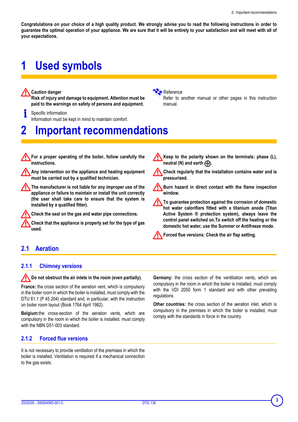 1 used symbols, 2 important recommendations, 1 aeration | 1 chimney versions, 2 forced flue versions, Used symbols, Important recommendations | DE DIETRICH ELITEC DTG 130 User Manual | Page 3 / 12