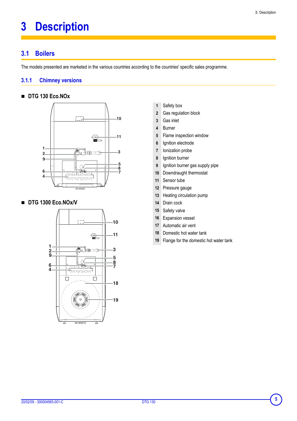 3 description, 1 boilers, 1 chimney versions | Description, Dtg 130 eco.nox, Dtg 1300 eco.nox/v | DE DIETRICH ELITEC DTG 130 User Manual | Page 5 / 12