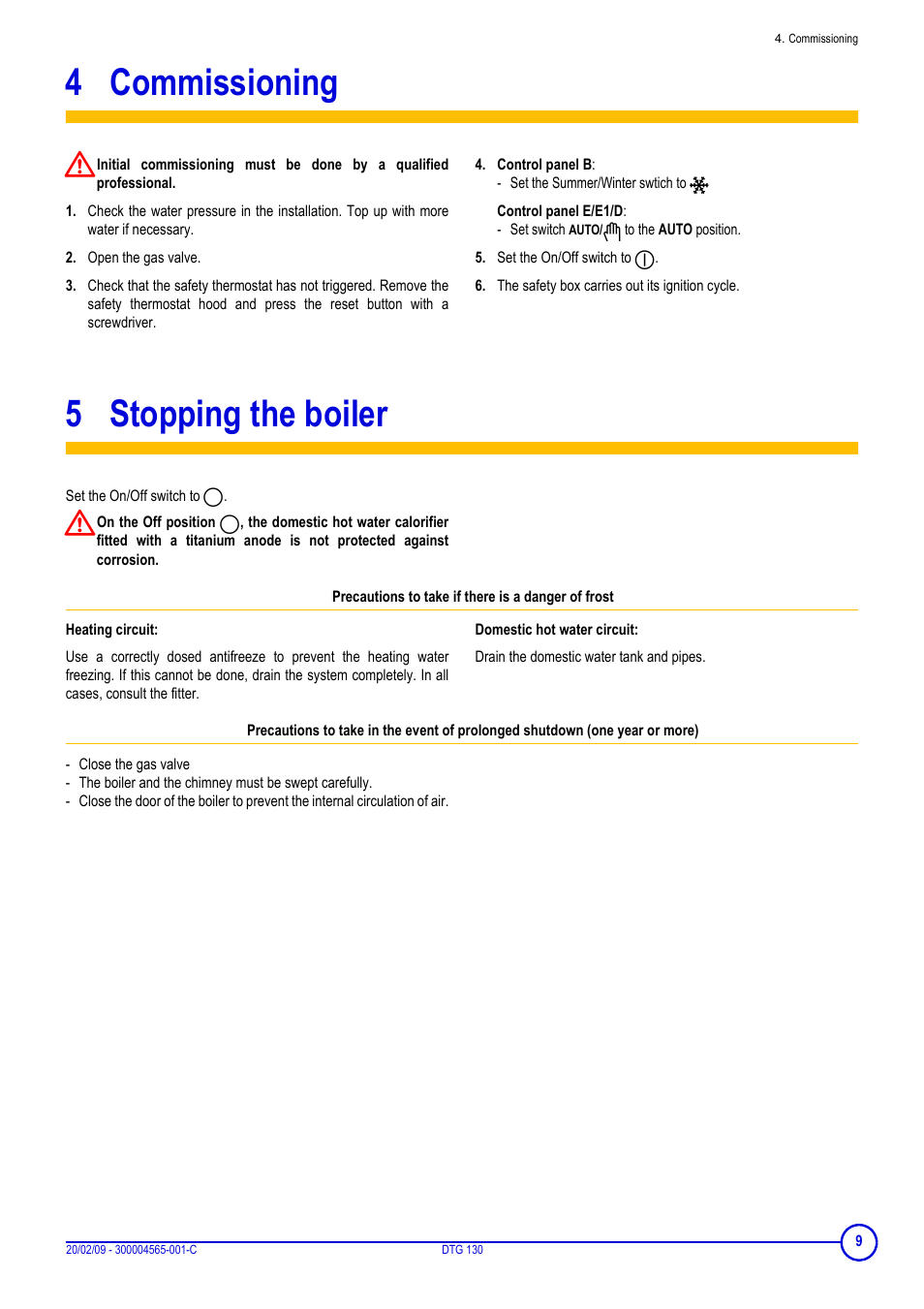 4 commissioning, 5 stopping the boiler, Precautions to take if there is a danger of frost | Commissioning, Stopping the boiler | DE DIETRICH ELITEC DTG 130 User Manual | Page 9 / 12