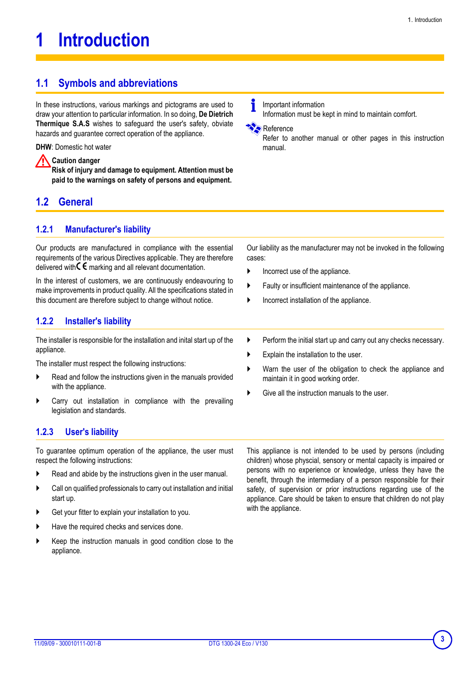 1 introduction, 1 symbols and abbreviations, 2 general | 1 manufacturer's liability, 2 installer's liability, 3 user's liability, Introduction, 1 symbols and abbreviations 1.2 general, Manufacturer's liability, Installer's liability | DE DIETRICH ECODENS DTG 1300-24 ECO _ V-130 User Manual | Page 3 / 20