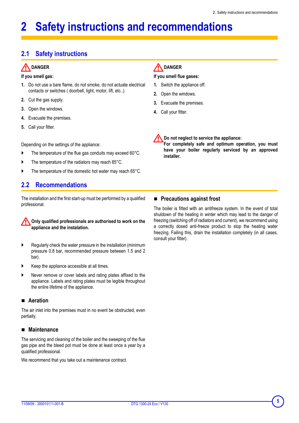 2 safety instructions and recommendations, 1 safety instructions, 2 recommendations | Safety instructions and recommendations, 1 safety instructions 2.2 recommendations | DE DIETRICH ECODENS DTG 1300-24 ECO _ V-130 User Manual | Page 5 / 20