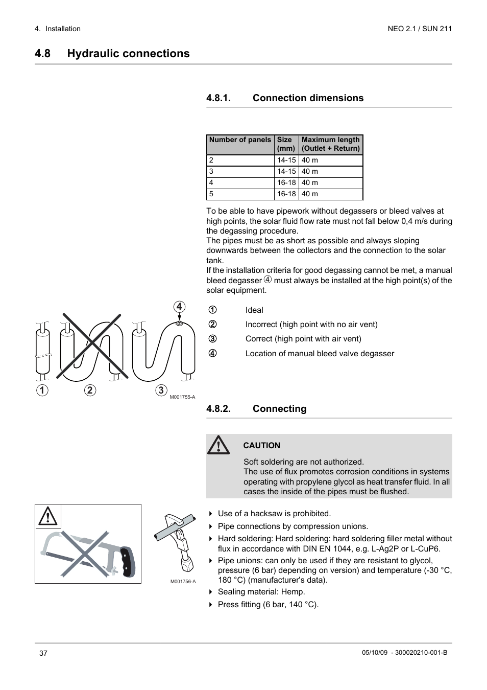 Hydraulic connections, Connection dimensions, Connecting | 8 hydraulic connections | DE DIETRICH NEO 2.1 User Manual | Page 38 / 44