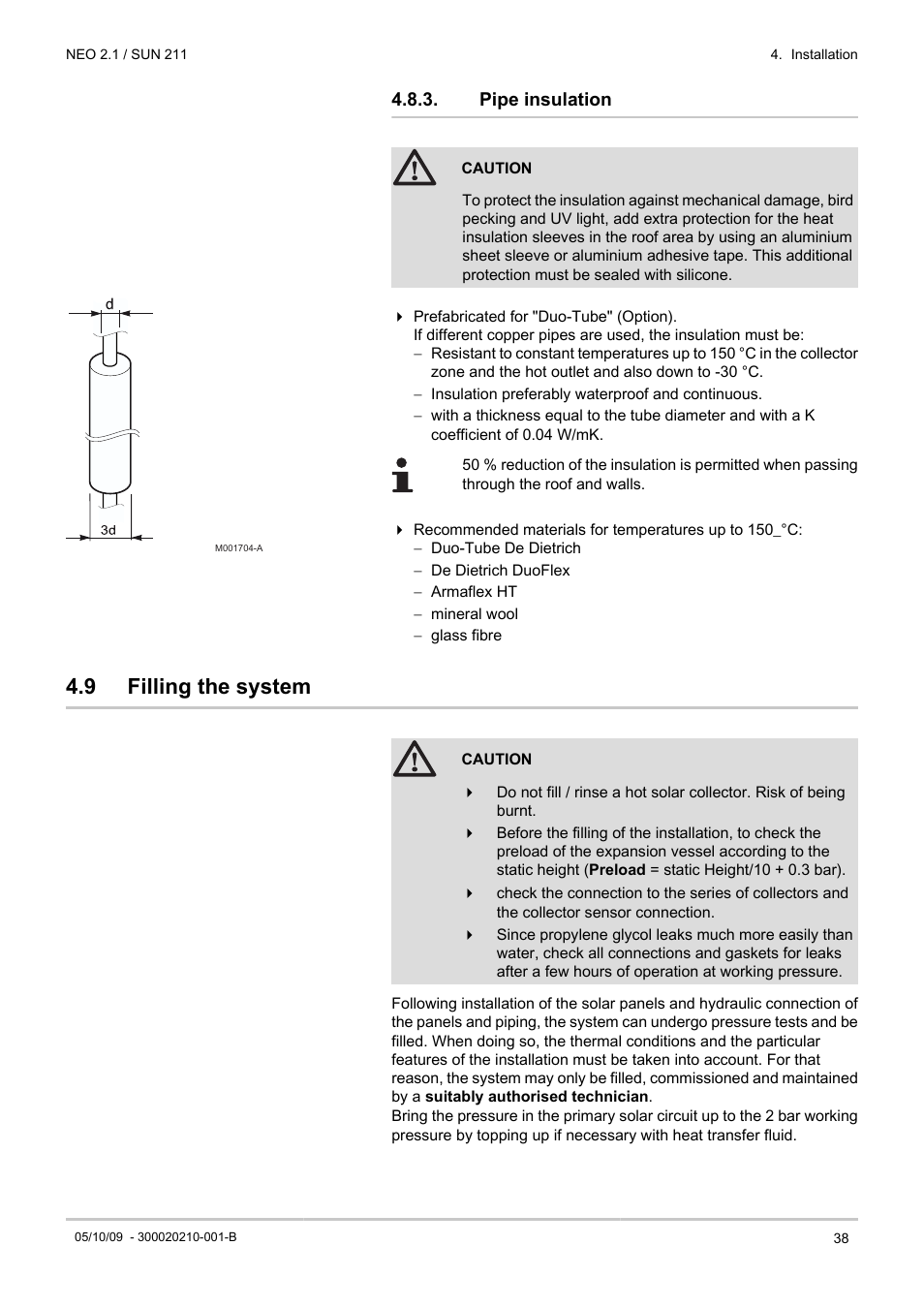 Pipe insulation, Filling the system, 9 filling the system | DE DIETRICH NEO 2.1 User Manual | Page 39 / 44