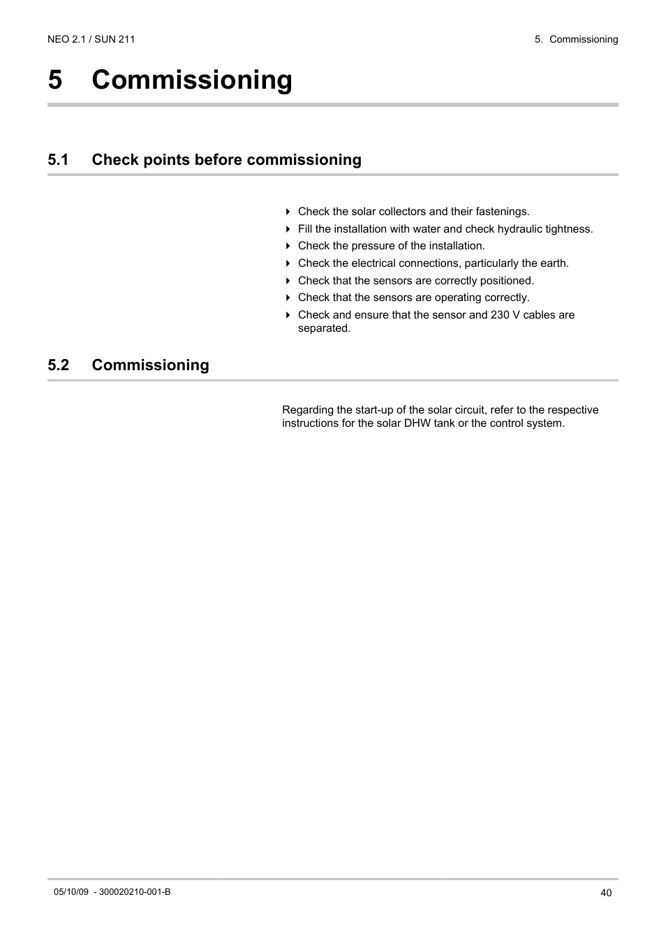 Commissioning, Check points before commissioning, 5 commissioning | 1 check points before commissioning, 2 commissioning | DE DIETRICH NEO 2.1 User Manual | Page 41 / 44