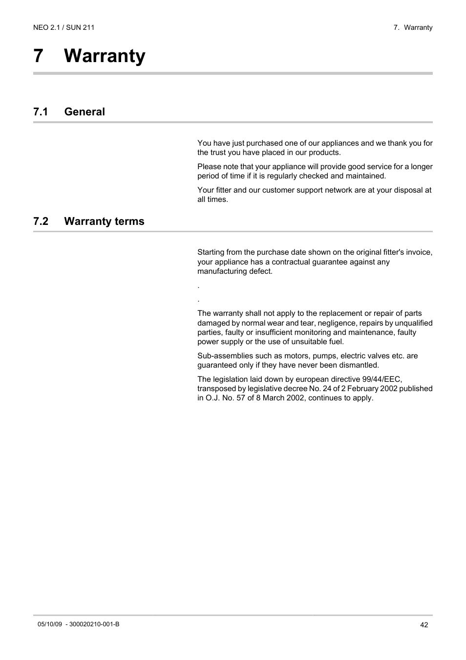 Warranty, General, Warranty terms | 7 warranty, 1 general, 2 warranty terms | DE DIETRICH NEO 2.1 User Manual | Page 43 / 44
