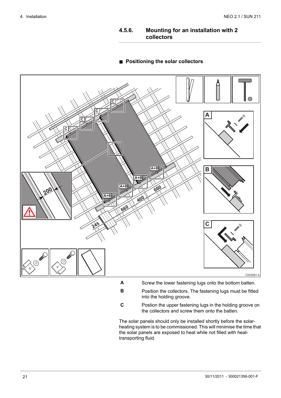 Mounting for an installation with 2 collectors, Ab c 20 0 | DE DIETRICH NEO 2.1 User Manual | Page 22 / 68
