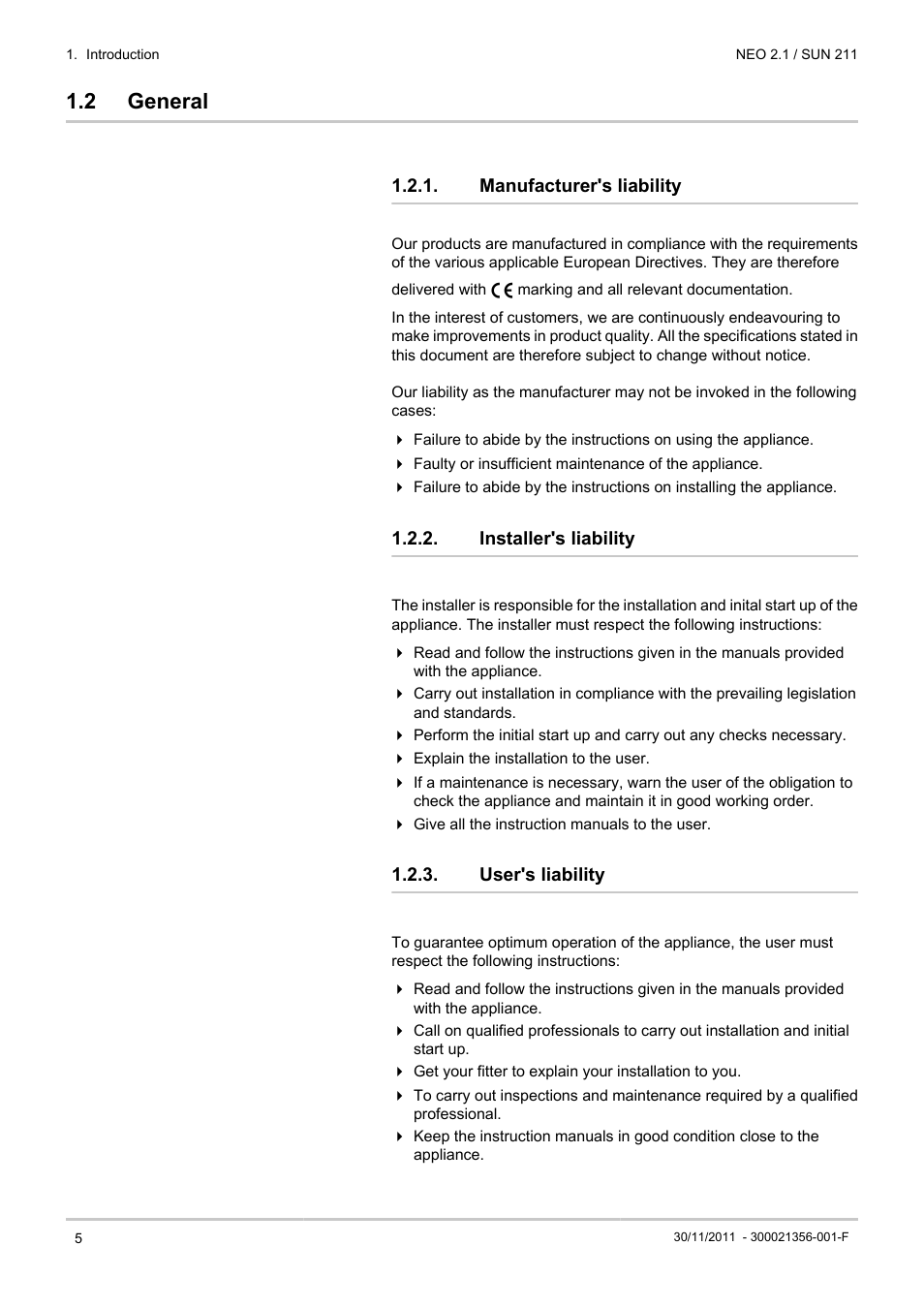 General, Manufacturer's liability, Installer's liability | User's liability, 2 general | DE DIETRICH NEO 2.1 User Manual | Page 6 / 68