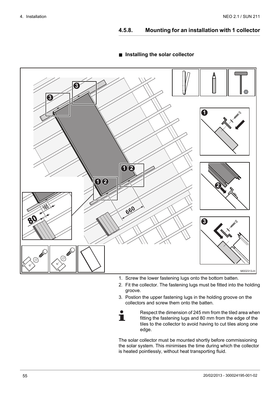Mounting for an installation with 1 collector | DE DIETRICH NEO 2.1 User Manual | Page 56 / 76